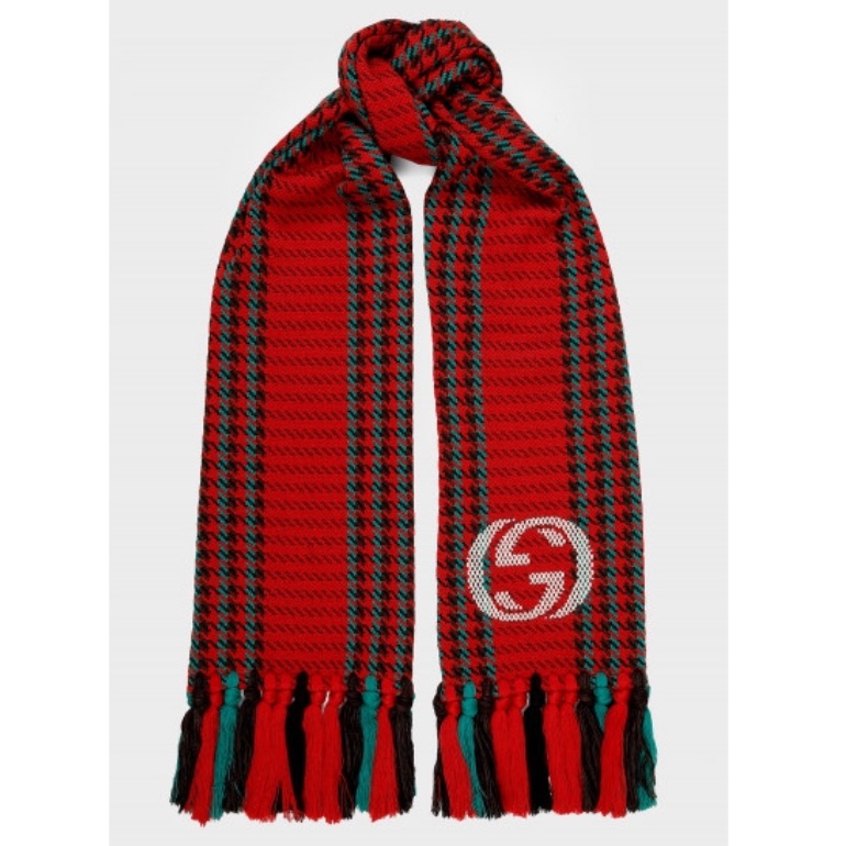 Gucci Interlocking Gg Logo Red & Green Houndstooth Wool Tassel Scarf